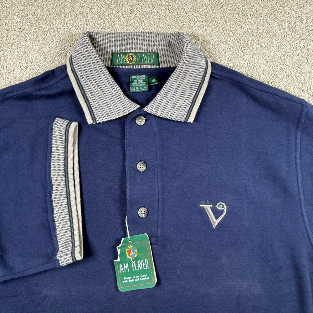 AM PLAYER Mens Navy Blue Golf Polo Shirt Embroidered Logo Short‎ Sleeve Size S